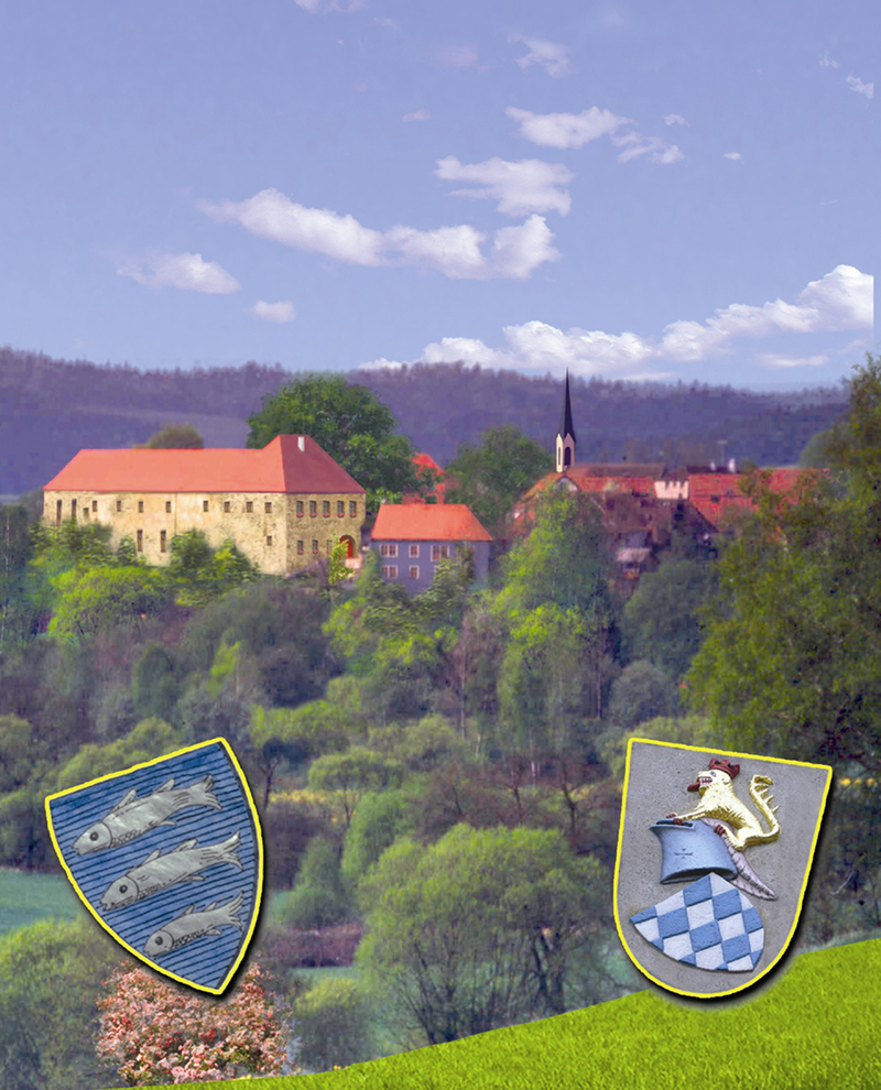 Bild vom Schloss umsäumt von Wäldern mit den eingebetten Ursprungswappen von Moosbach und Burgtreswitz
