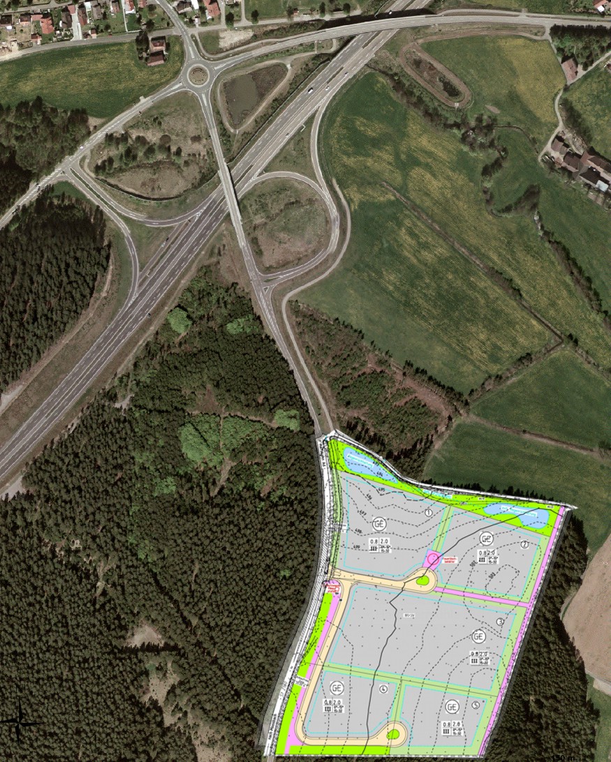 Bebauungsplan des Gewerbegebiets Hammermühle mit Luftbild (Orthophoto)