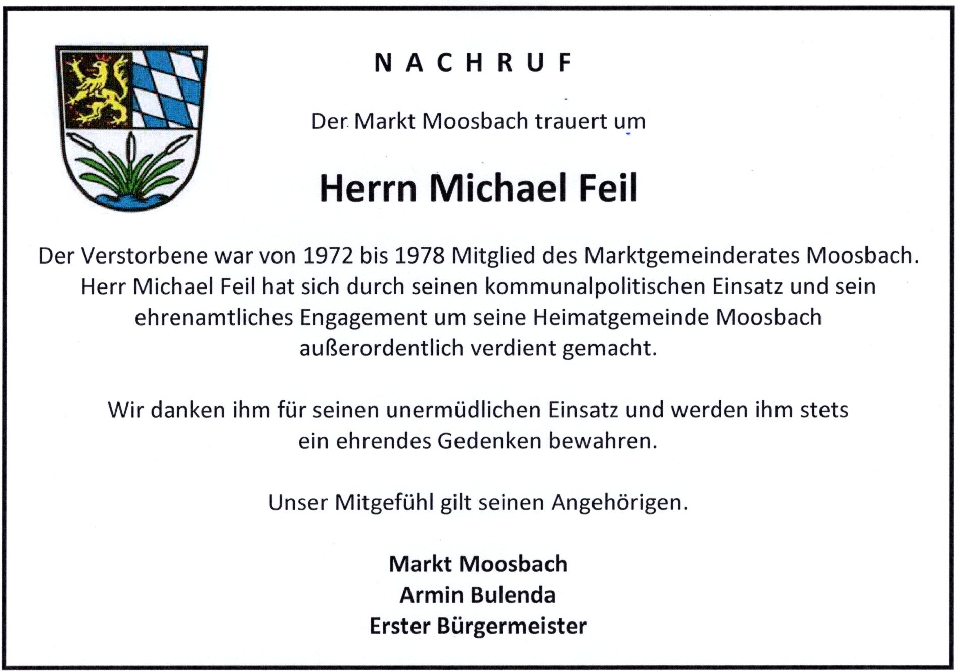Nachruf Herr Michael Feil (Inseratsbild)